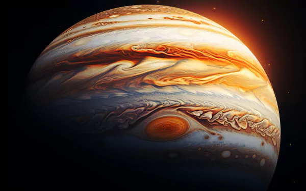 HD desktop wallpaper featuring a vibrant, sci-fi inspired depiction of planet Jupiter, highlighting its swirling storms and famous Great Red Spot.