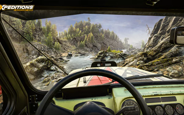 First-person view from the driver's seat in an off-road vehicle, featuring a rugged terrain from Expeditions: A MudRunner Game - HD desktop wallpaper.