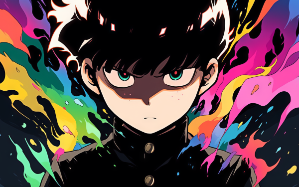 HD wallpaper featuring Shigeo Kageyama from Mob Psycho 100 with colorful psychic energy background.
