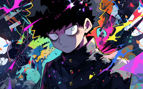 HD Wallpaper featuring Shigeo Kageyama from Mob Psycho 100 with vibrant abstract background