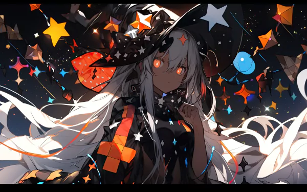 Anime girl with flowing white hair and glowing eyes, surrounded by vibrant stars and geometric shapes, rendered in stunning 8K Ultra HD for PC desktop wallpaper.