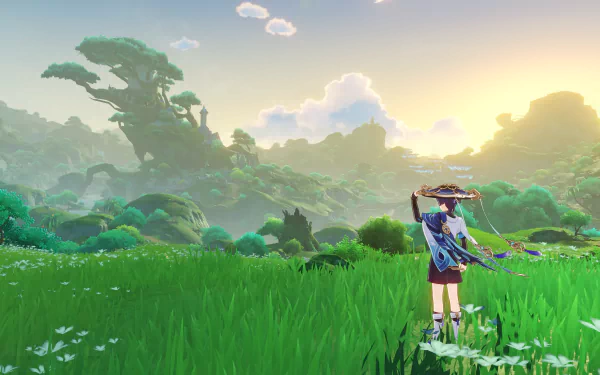 Scaramouche from Genshin Impact stands in a lush green field under a glowing sky, featured in a 4K Ultra HD PC Desktop Wallpaper inspired by the video game.