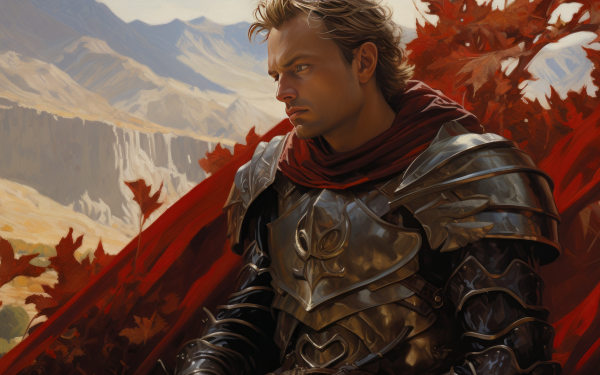 HD desktop wallpaper featuring an illustrated medieval knight in armor with a scenic mountain backdrop, perfect for a historical or fantasy-themed background.