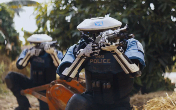 HD wallpaper featuring robotic police officers from The Creator (2023), poised in an outdoor setting.