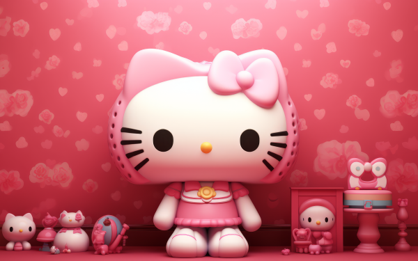 HD Hello Kitty desktop wallpaper featuring a cute Hello Kitty figurine with pink bow in a pink-themed room with hearts and toys.