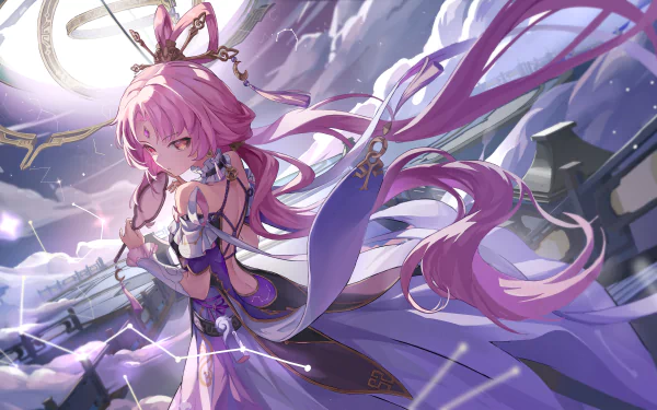 HD wallpaper featuring the character Fu Xuan from Honkai: Star Rail, with vibrant purple tones and dynamic celestial background.