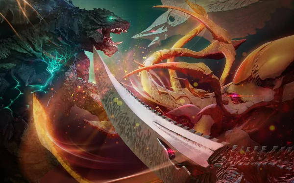 A dynamic HD wallpaper featuring epic battles from the TV show Gamera Rebirth, showcasing Godzilla and other iconic monsters in a vivid, action-packed scene.