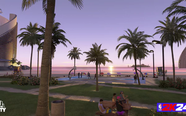 HD wallpaper of NBA 2K24 virtual sunset scene with palm trees and players at a beachside basketball court.