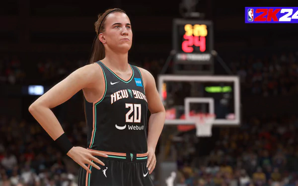 HD desktop wallpaper of a female basketball player from NBA 2K24 video game with a scoreboard in the background.