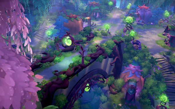 HD desktop wallpaper of Fae Farm featuring a mystical, vibrant fantasy landscape with glowing plants and quaint houses.