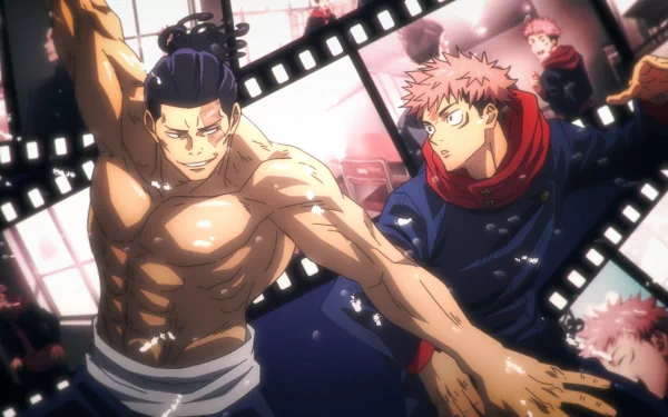 HD PC desktop wallpaper featuring dynamic anime characters from Jujutsu Kaisen in an action-packed scene with vibrant lighting and film strip effects.