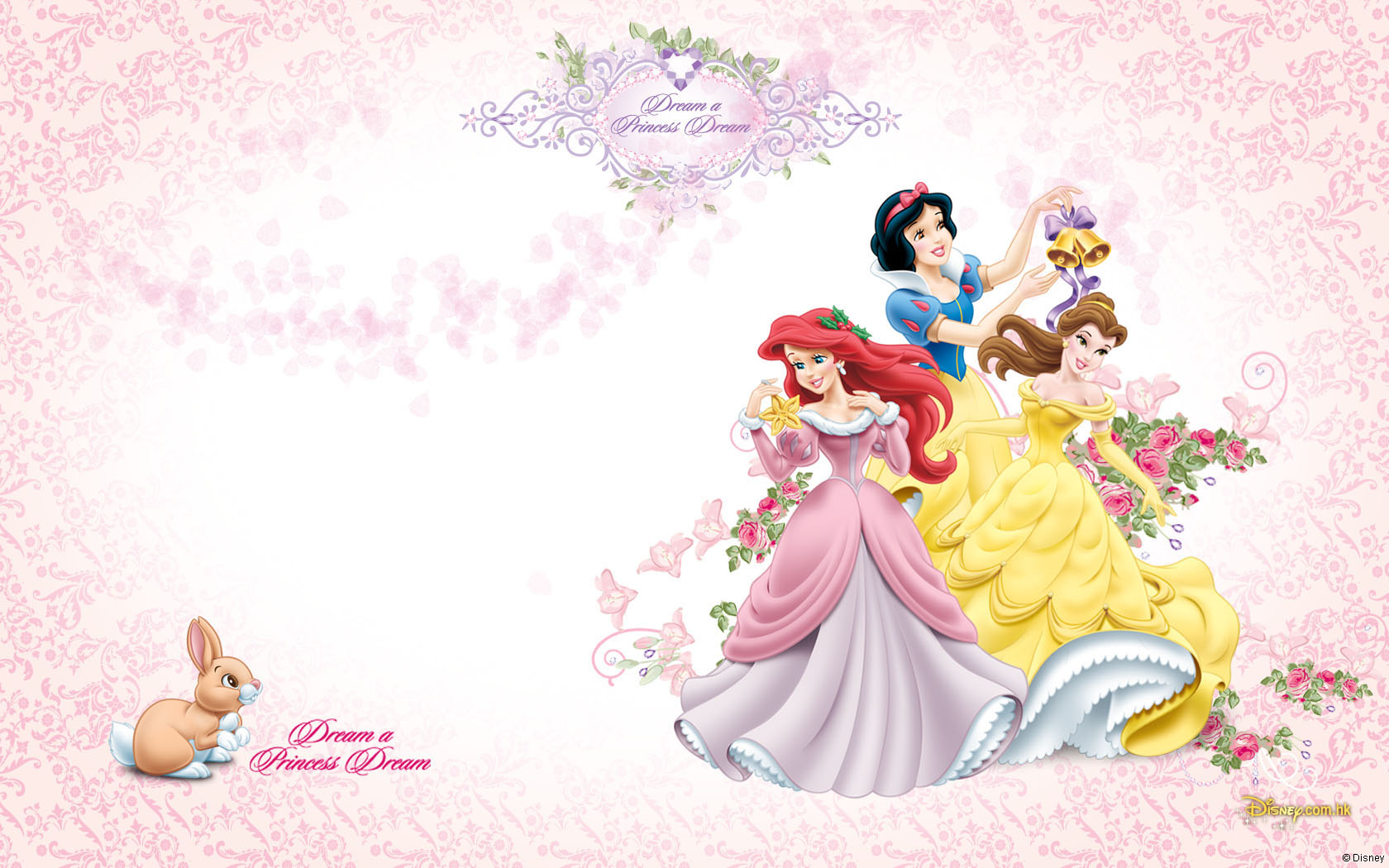 Disney princesses Ariel, Snow White, and Belle with a cute rabbit on a beautiful movie-themed desktop wallpaper.
