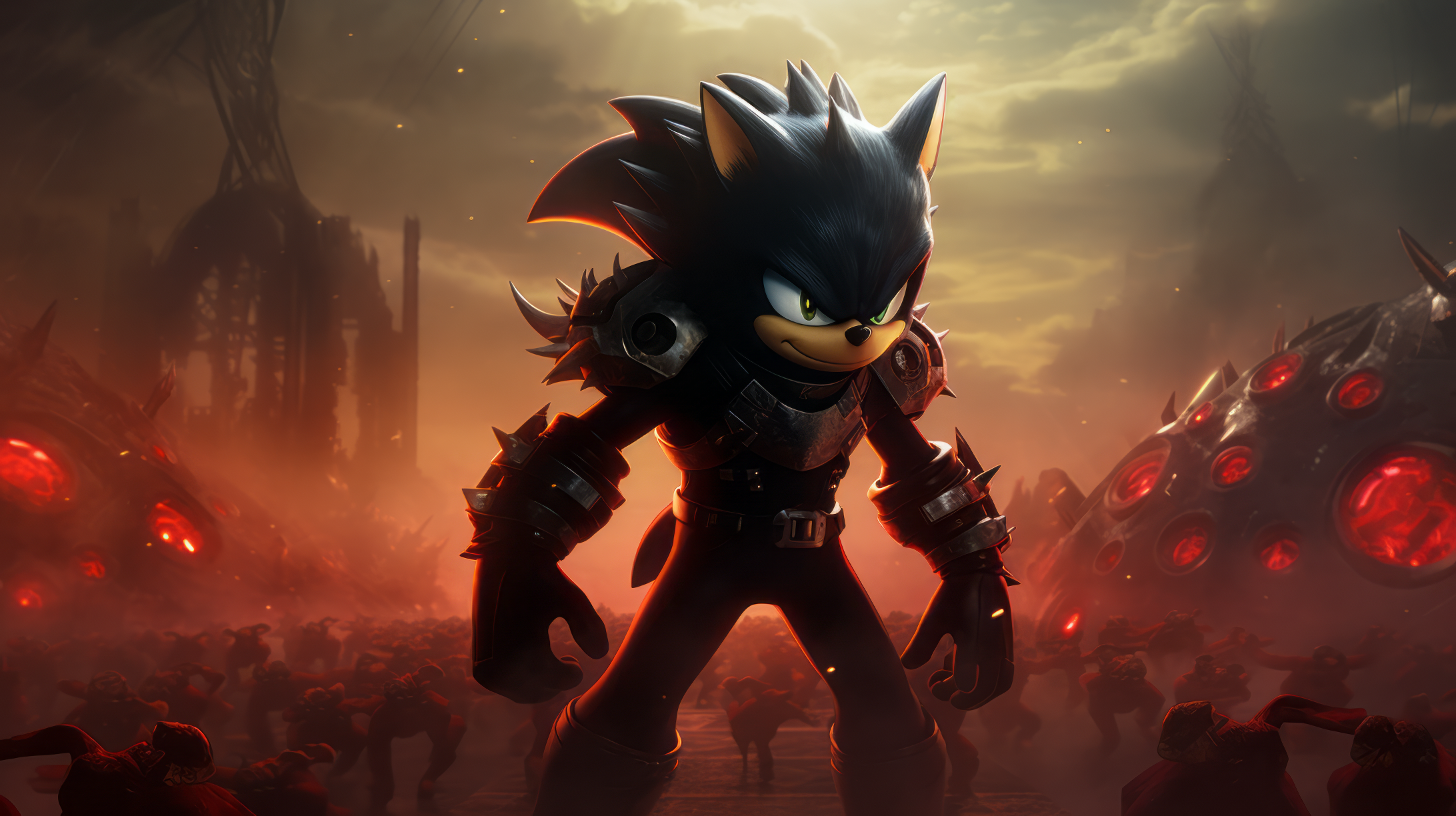 HD desktop wallpaper featuring Shadow the Hedgehog from Sonic the Hedgehog series, with an intense, fiery battlefield background.