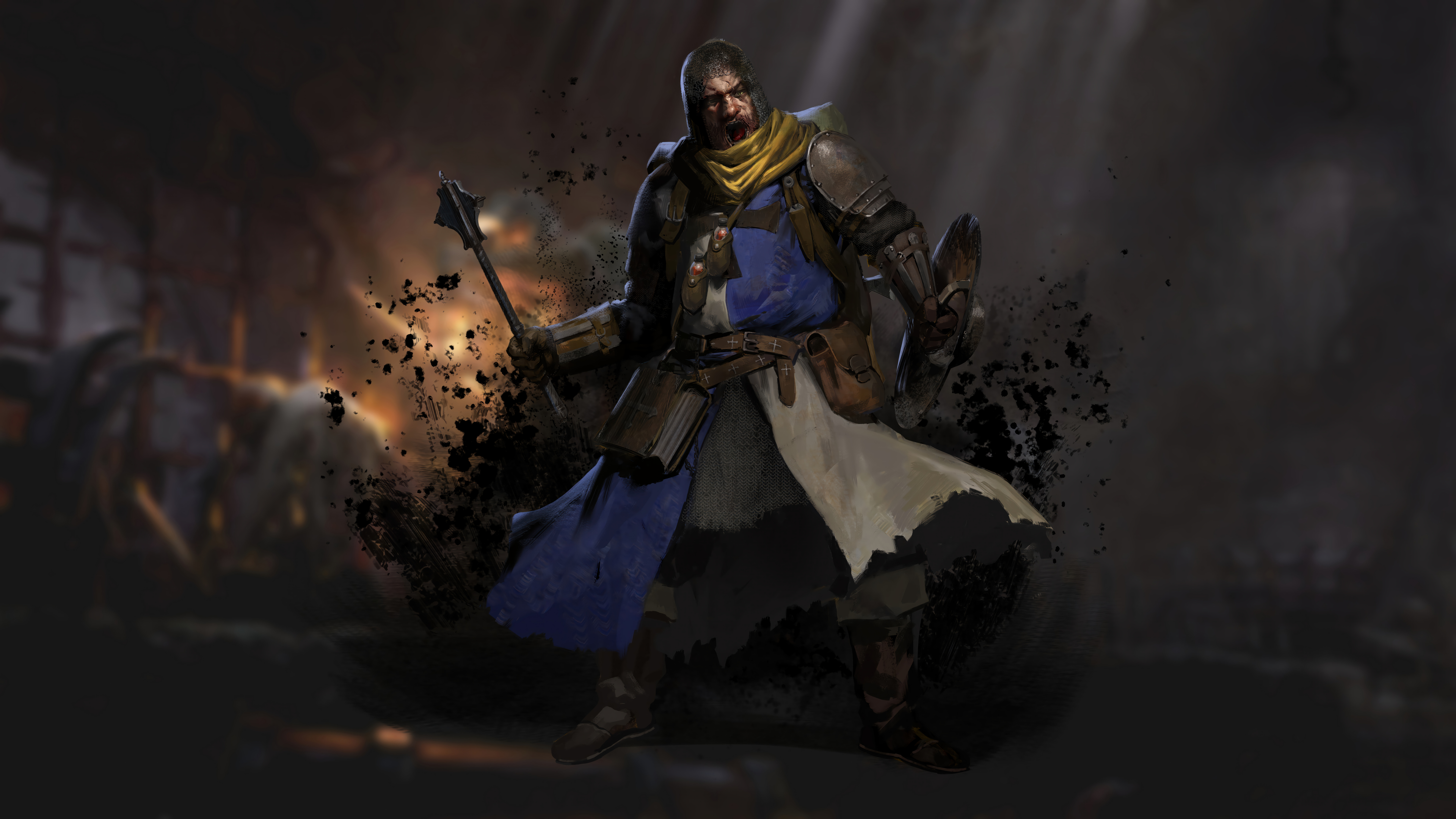 HD desktop wallpaper featuring a mysterious warrior from Dark and Darker game with an atmospheric, dark background suitable for a desktop background.