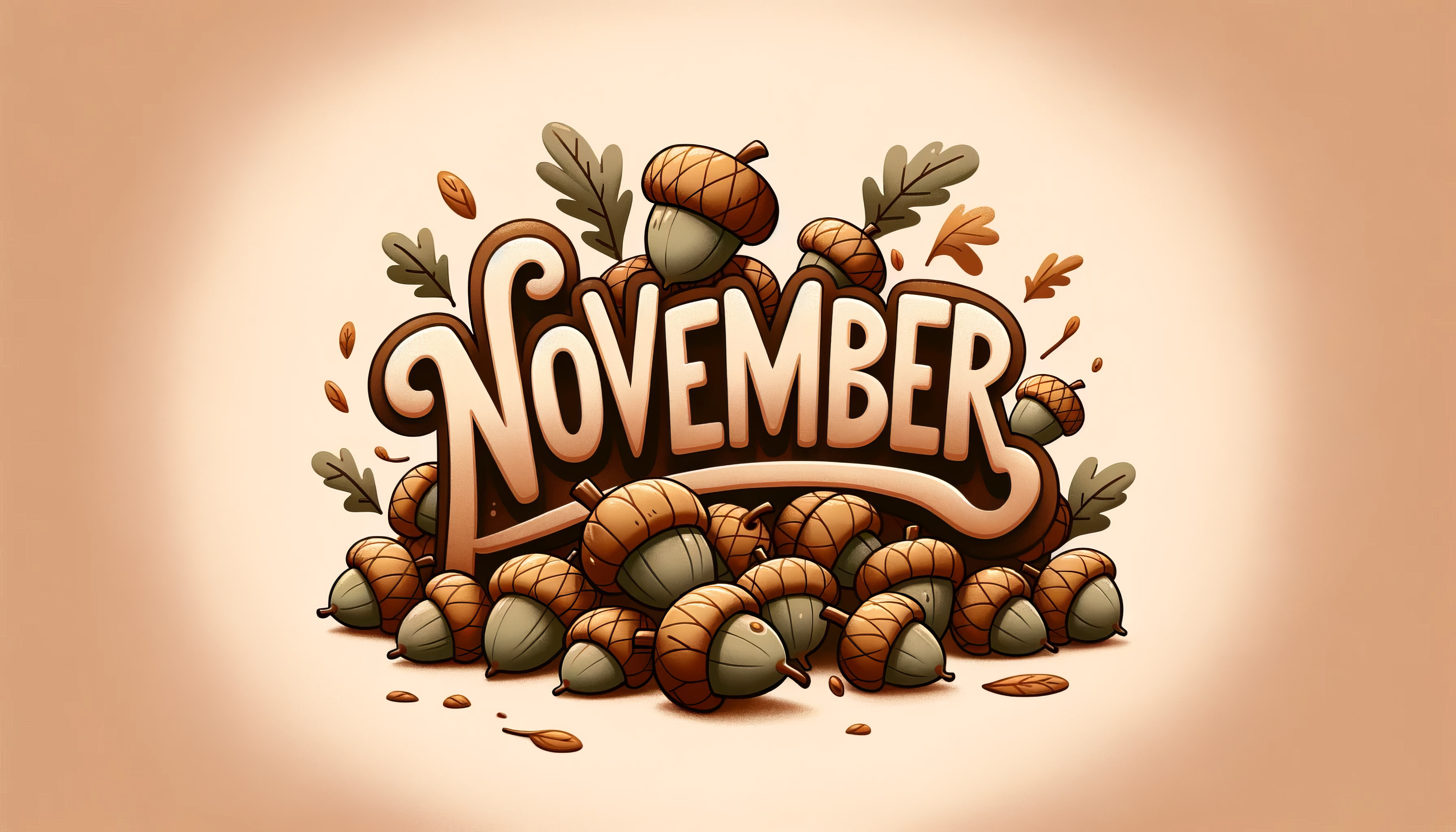 November-themed desktop wallpaper with stylized lettering surrounded by autumnal acorns and leaves on a warm, beige background.