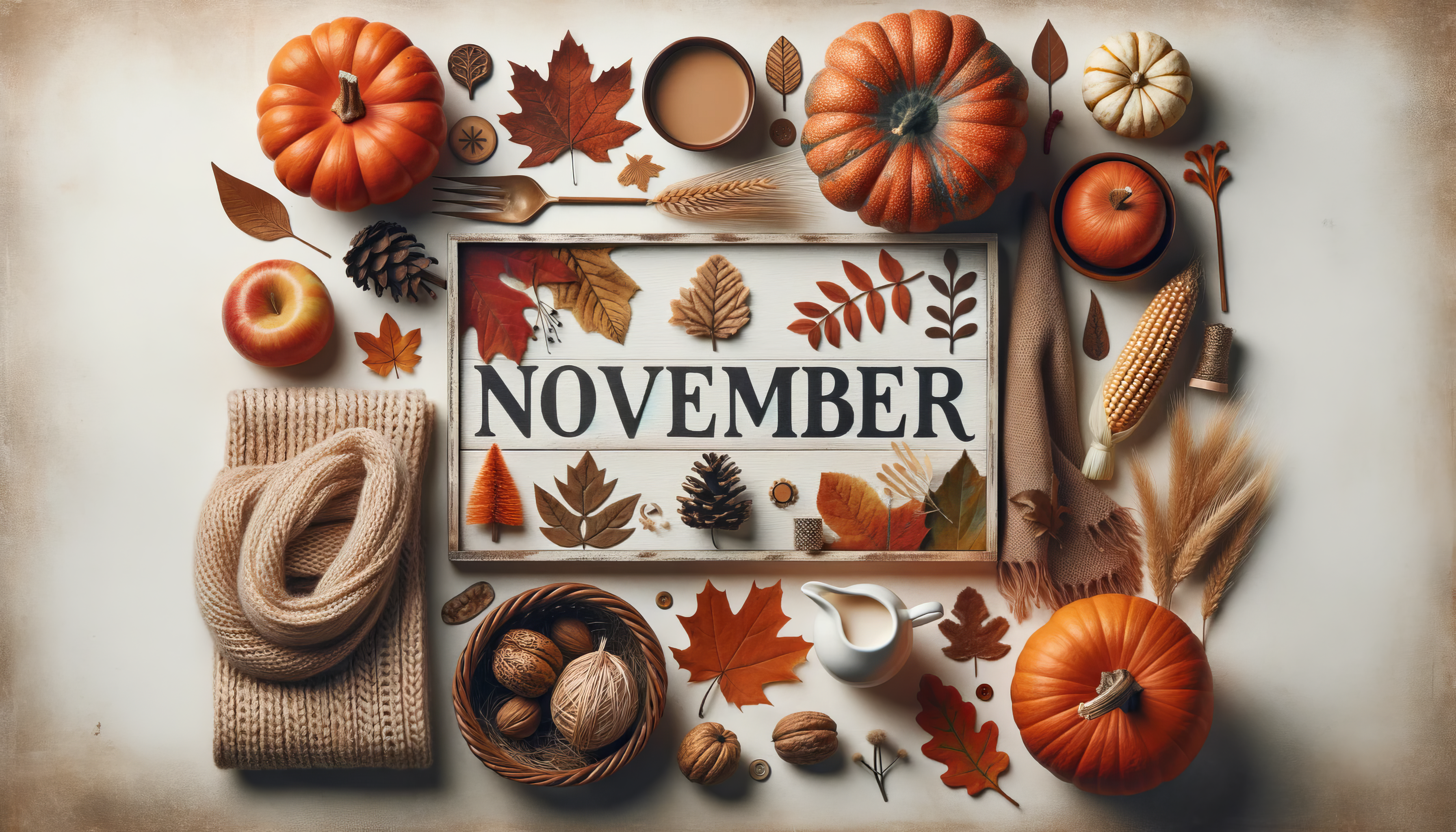 Cozy November themed desktop wallpaper with pumpkins, autumn leaves, nuts, and a warm sweater surrounding a sign with the word November.