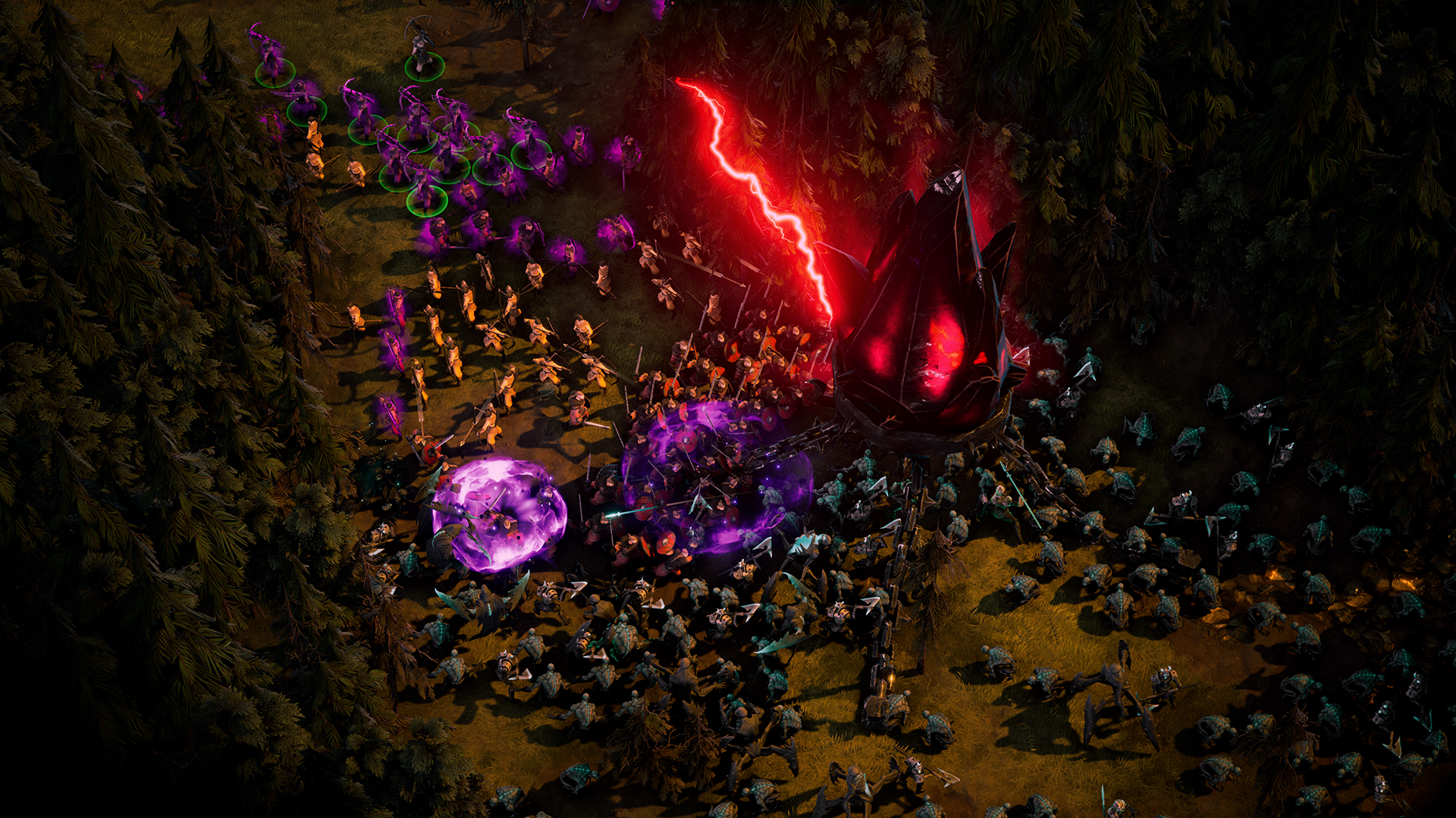 HD desktop wallpaper featuring a scene from Age of Darkness: Final Stand with fantasy troops battling around a glowing red portal and mystical energies.