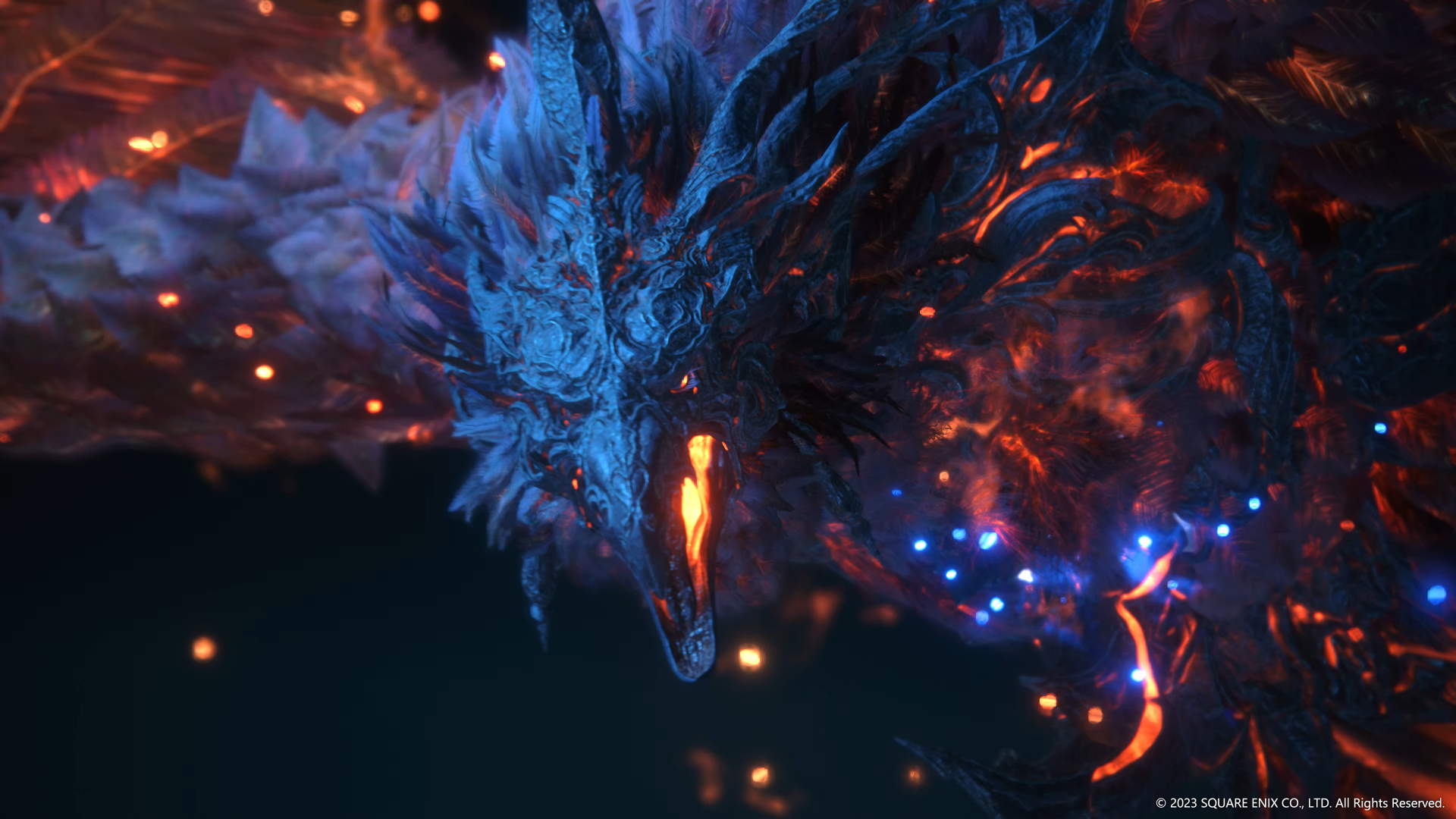 HD wallpaper of a fiery dragon from Final Fantasy XVI, featuring intense red and blue hues for a dramatic desktop background.