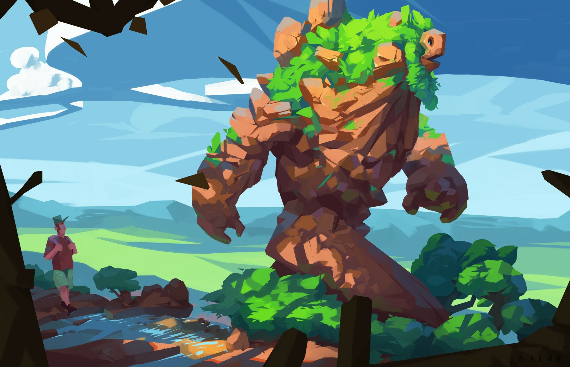 HD desktop wallpaper featuring a stylized, artistic depiction of a large, tree-like creature in a vibrant, green landscape setting.