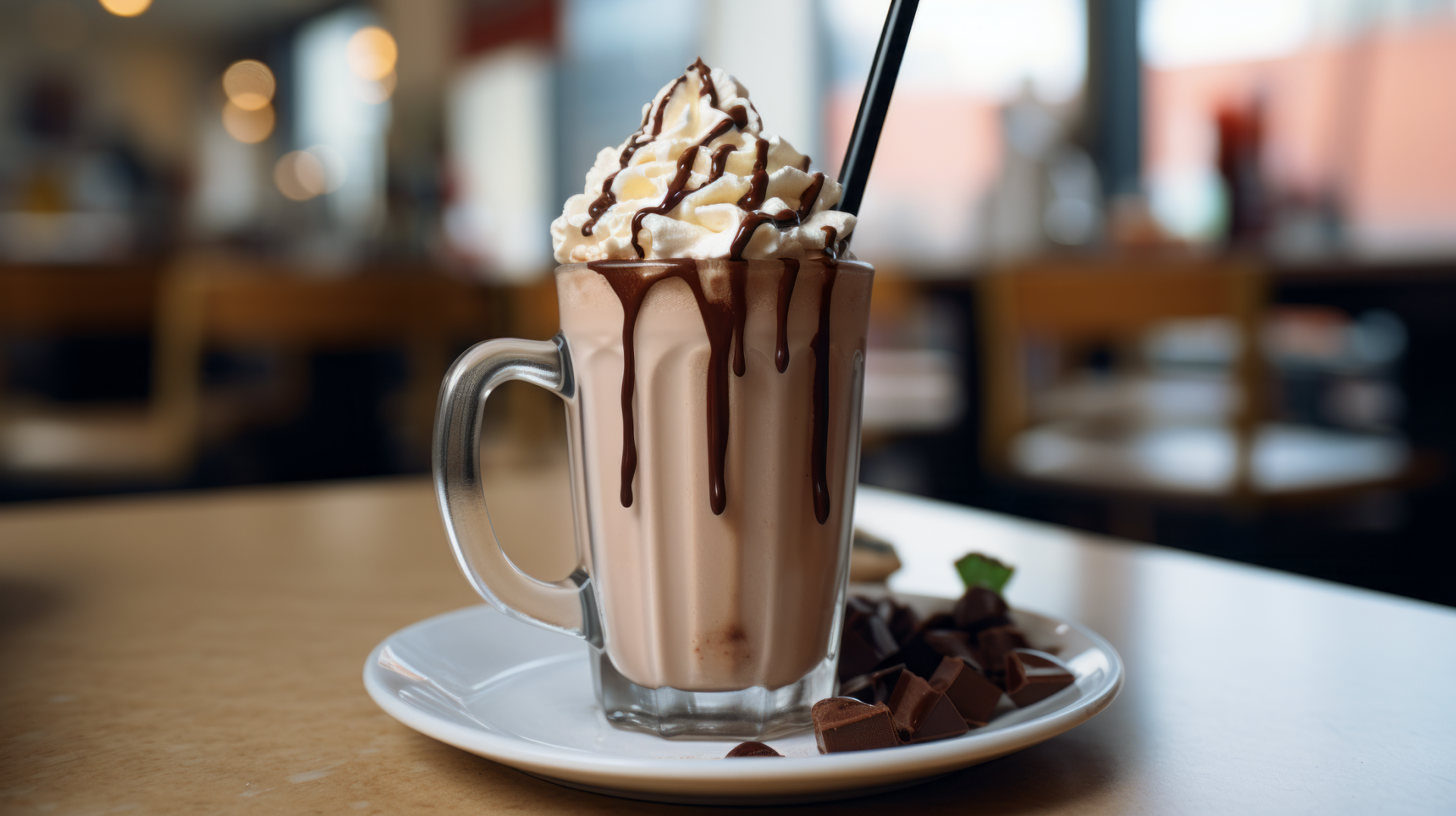 A delicious chocolate milkshake topped with whipped cream and drizzled with chocolate sauce, served in a clear glass on a plate with chocolate pieces, creating an enticing food-themed wallpaper.