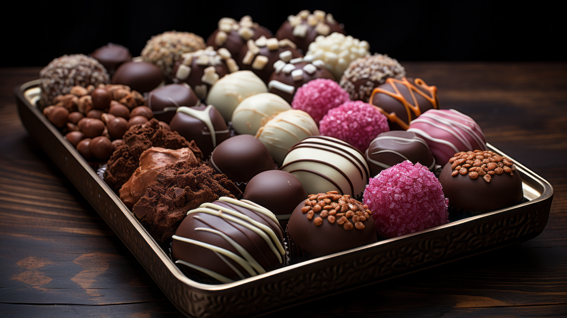 HD desktop wallpaper featuring an assortment of luxurious chocolates in an artistic presentation.
