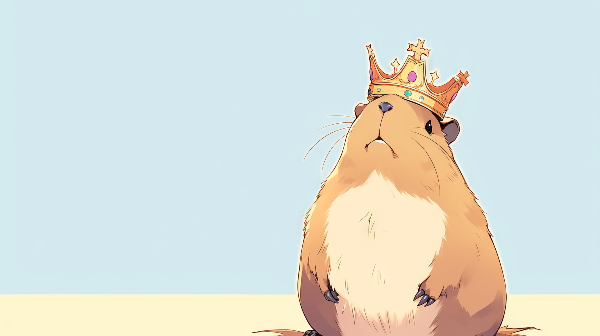 HD desktop wallpaper featuring a capybara wearing a crown, styled as a king, against a soft blue background.