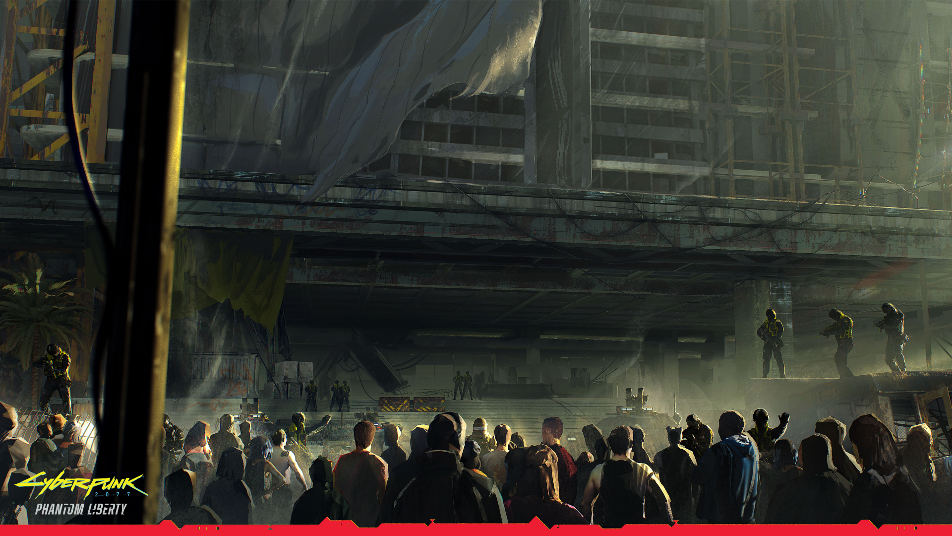 HD desktop wallpaper from Cyberpunk 2077 featuring a bustling crowd in front of a dystopian, construction-dominated cityscape.