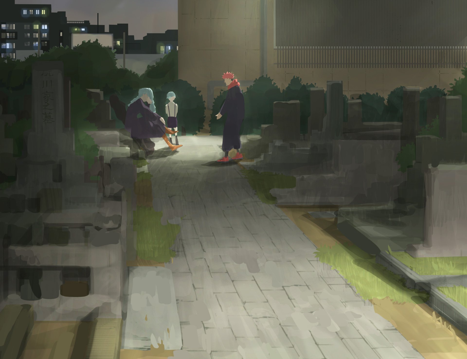 HD desktop wallpaper featuring Mei Mei and Yuji Itadori from the anime Jujutsu Kaisen, set in a moonlit, serene environment.