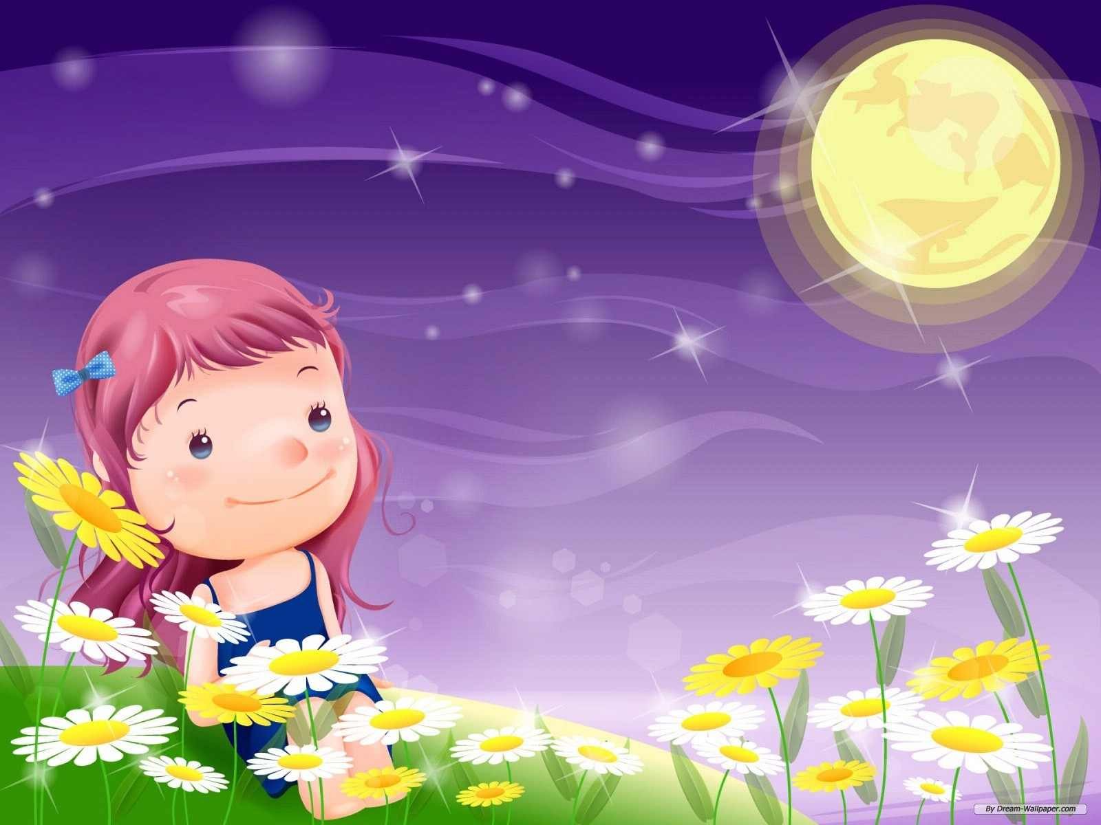 A whimsical artistic scene featuring a cheerful child among daisies, under a twinkling sky with a glowing moon. This vibrant image serves as a captivating HD desktop wallpaper.