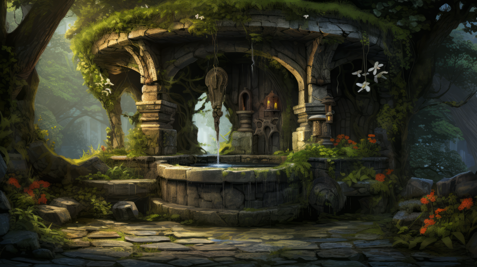 HD desktop wallpaper featuring an artistic depiction of an enchanted stone well surrounded by lush greenery and an ancient ruin.