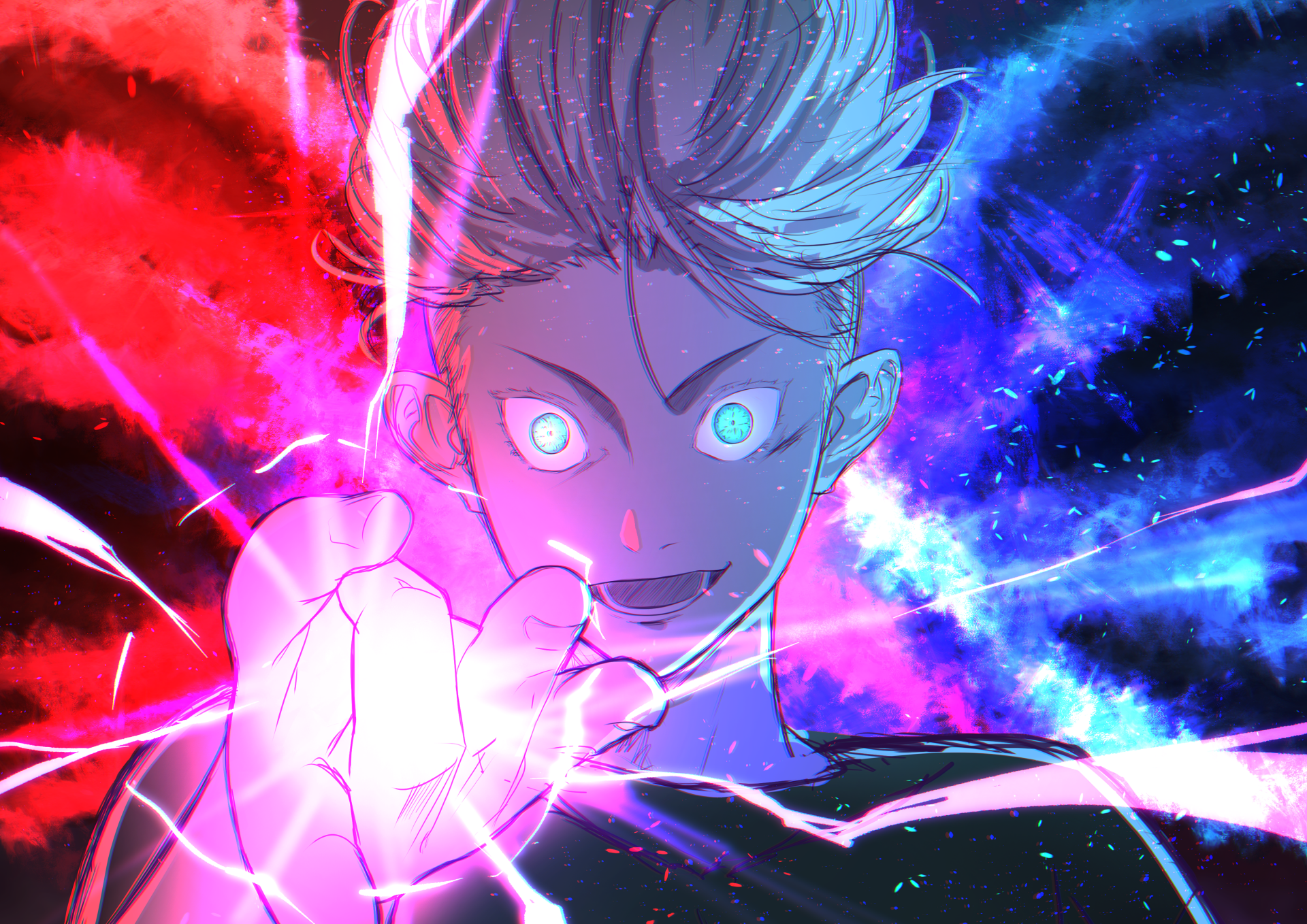 Vivid 4K Ultra HD anime wallpaper featuring Satoru Gojo from Jujutsu Kaisen, showcasing intense blue and red energy with glowing eyes and dynamic pose.