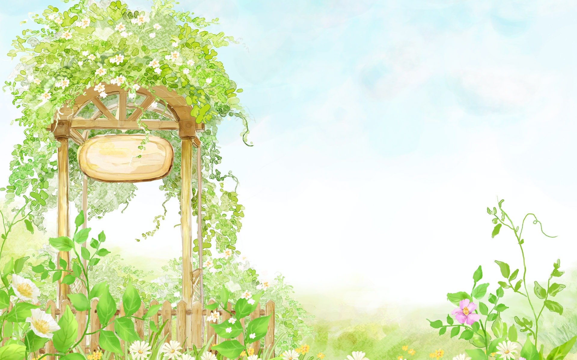 Artistic drawing of a leafy wooden archway surrounded by greenery and flowers, designed as an HD PC desktop wallpaper and background with a bright, soft sky.