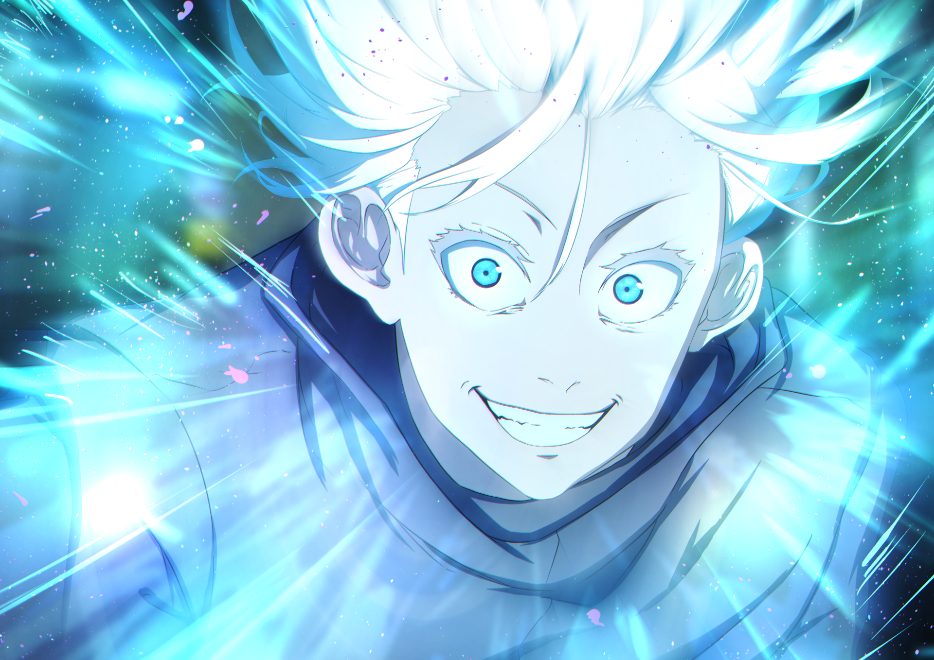 Vibrant 4K Ultra HD anime wallpaper featuring Satoru Gojo from Jujutsu Kaisen, showcasing his intense blue eyes and dynamic energy in a striking PC desktop background.