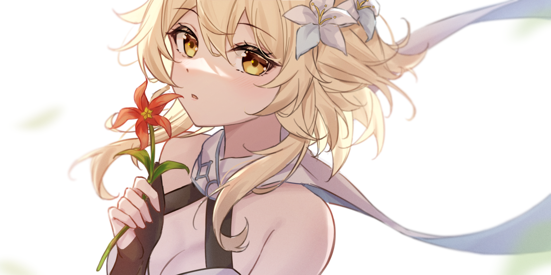 HD PC desktop wallpaper featuring Lumine from Genshin Impact holding a flower, showcasing detailed anime-style art from the popular video game.