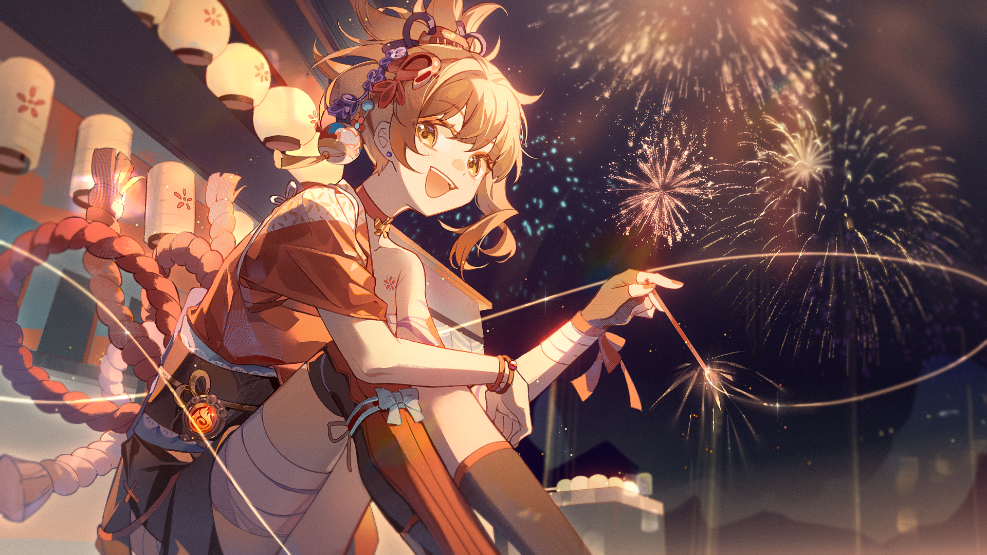 HD PC desktop wallpaper featuring Yoimiya from Genshin Impact, vibrant and dynamic with fireworks lighting up the night sky in this video game-themed background.