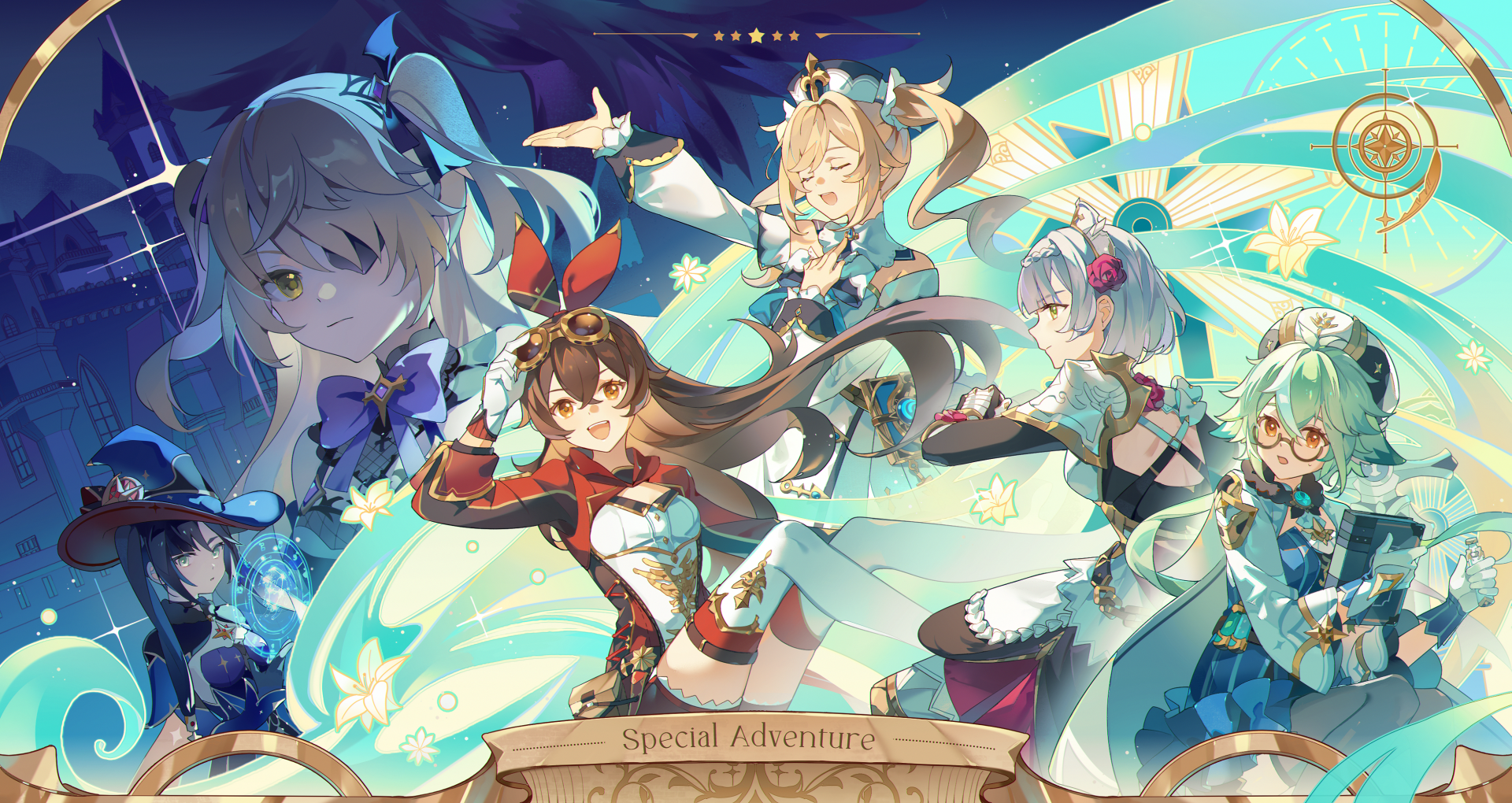 HD desktop wallpaper featuring Amber, Fischl, Barbara, Mona, and Noelle from Genshin Impact in a vibrant and adventurous background titled Special Adventure.
