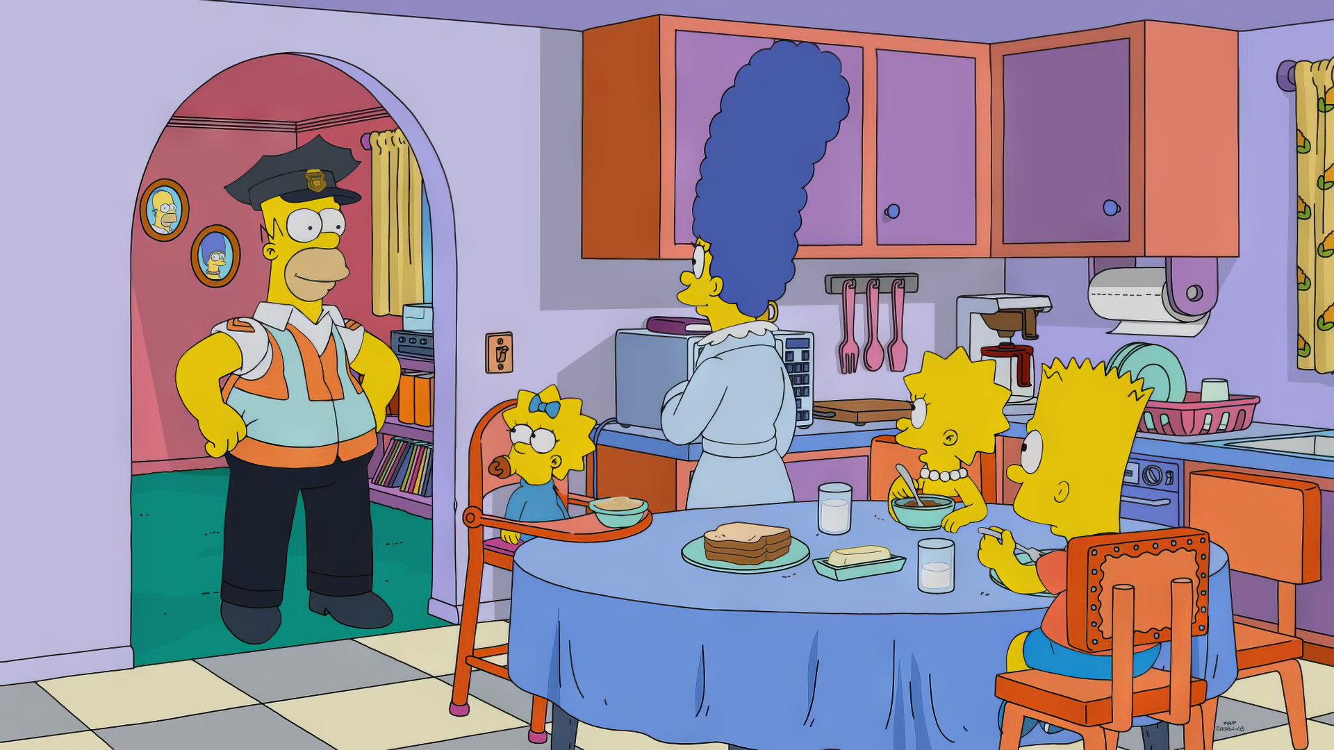HD desktop wallpaper from The Simpsons featuring Homer, Marge, Bart, and Lisa in their kitchen during a family moment.