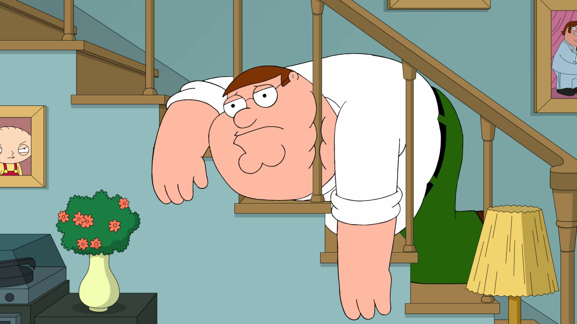 HD desktop wallpaper featuring Peter Griffin from the TV show Family Guy, depicted leaning over the stairs in his home.