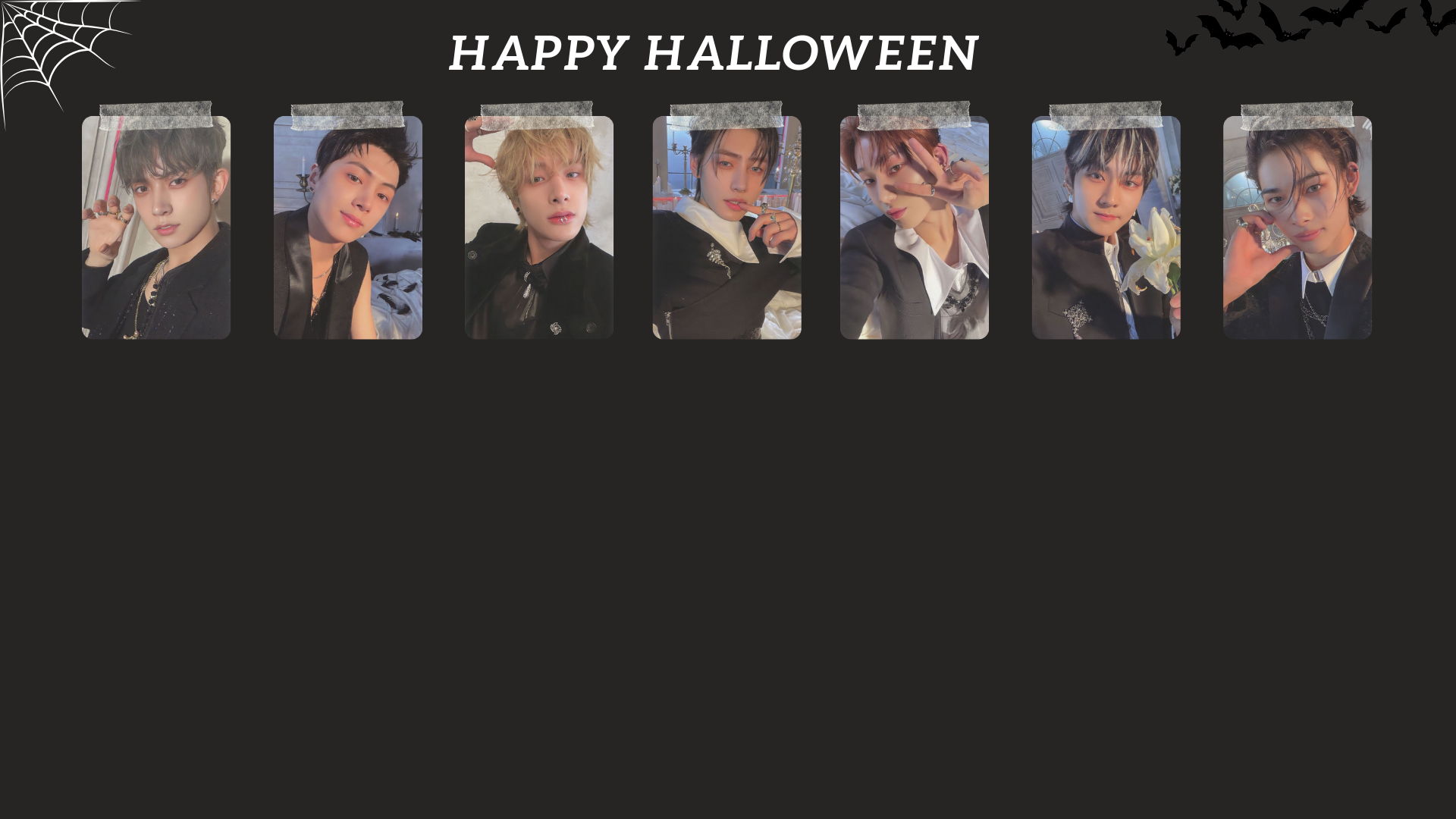 HD PC desktop wallpaper featuring the music group ENHYPEN with a Happy Halloween theme and individual member portraits against a dark background.