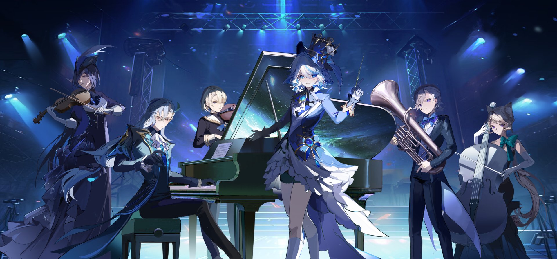 HD desktop wallpaper featuring Genshin Impact characters Clorinde, Neuvillette, Freminet, Furina, and Lyney performing with musical instruments in a vibrant concert setting.