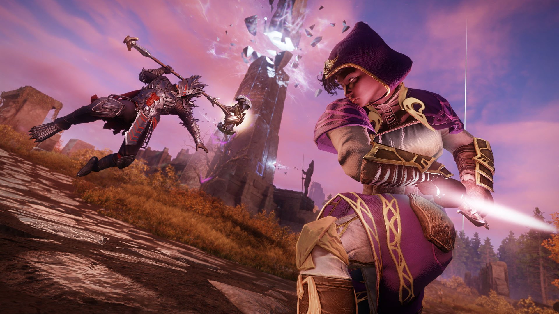 HD desktop wallpaper featuring characters battling in 'New World' game with dynamic action and vivid colors.