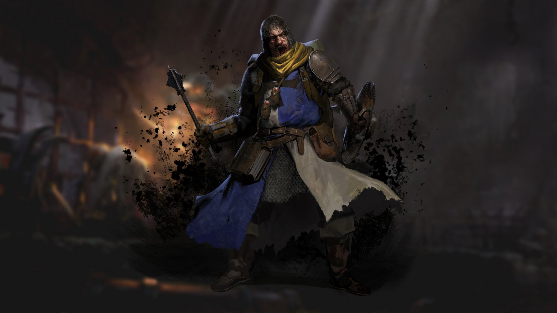 HD desktop wallpaper from the video game Dark and Darker featuring a medieval warrior in armor holding weapons, set against a dark, moody backdrop.