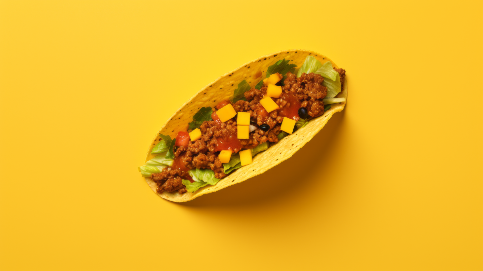 HD desktop wallpaper featuring a vibrant taco with fillings on a yellow background.
