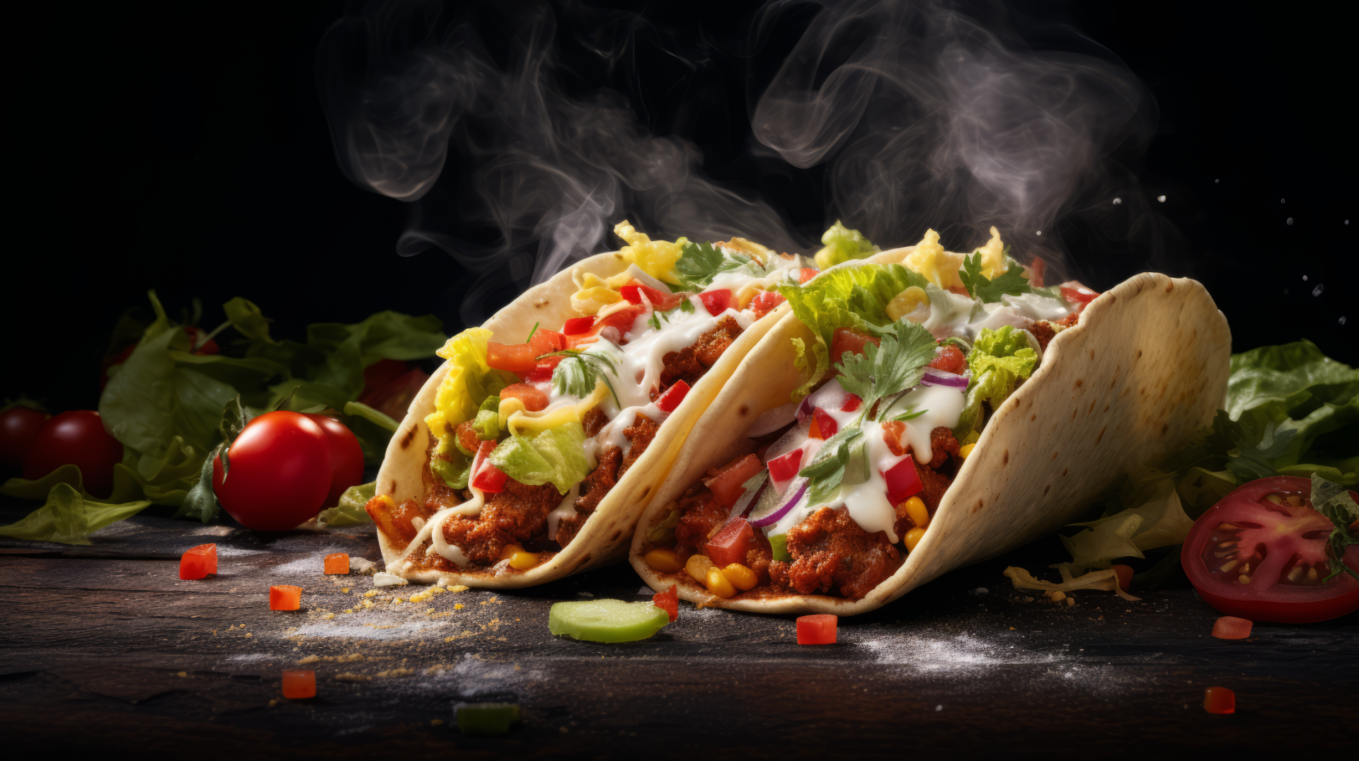 HD wallpaper of steamy tacos with fresh lettuce, tomato, cheese, and ground meat on a dark background.