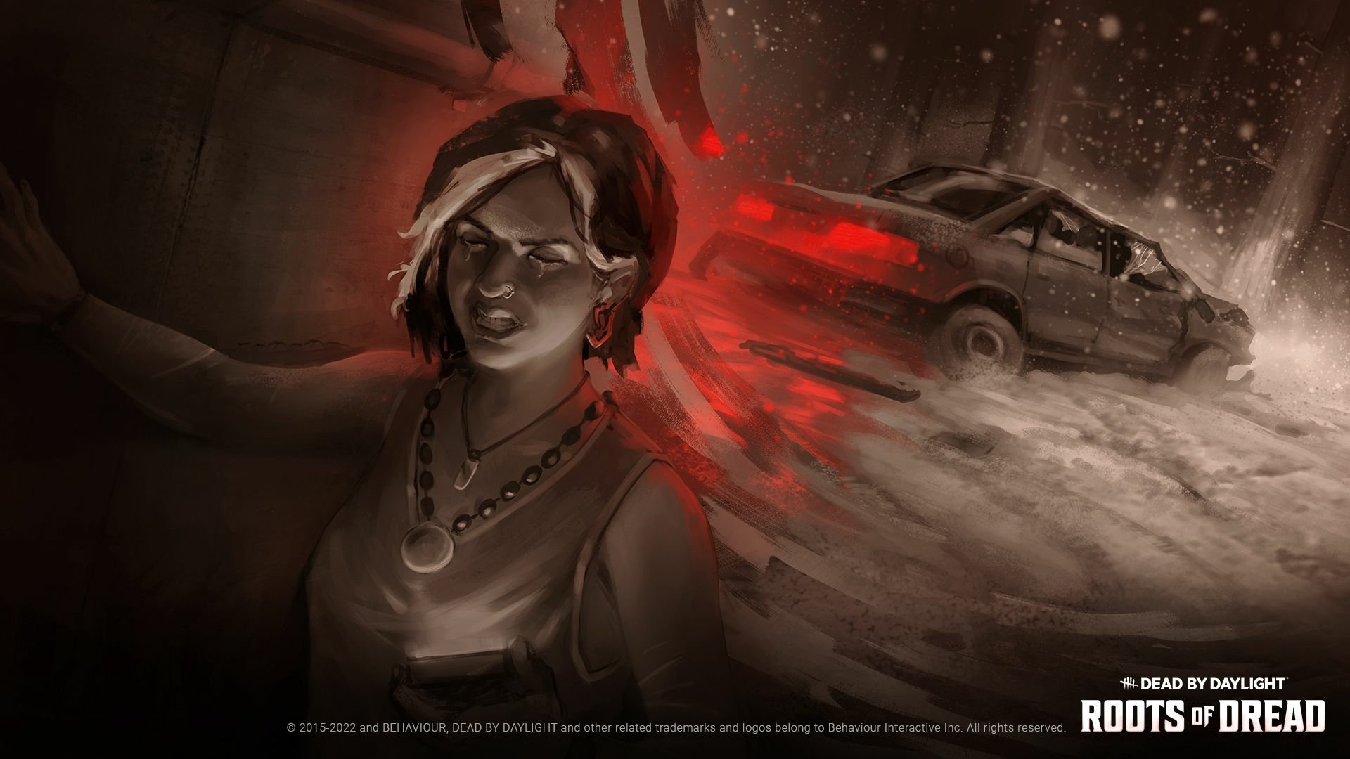 HD desktop wallpaper featuring a scene from the video game Dead By Daylight, depicting a woman with glasses and a necklace in front of a blurred, speeding car, stylized in a monochrome red and gray color scheme.