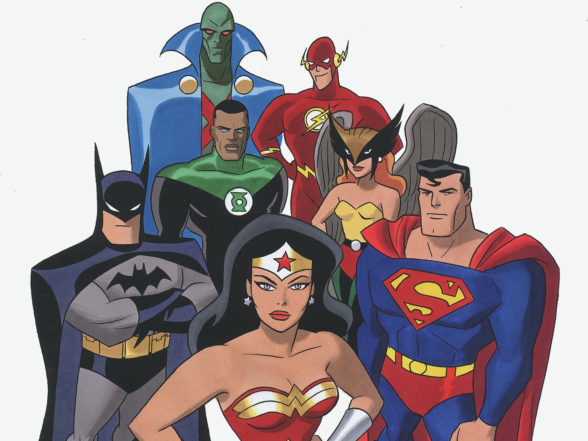 HD PC desktop wallpaper featuring the Justice League from the TV show, including Batman, Wonder Woman, Superman, Flash, Green Lantern, Hawkman, and Martian Manhunter.