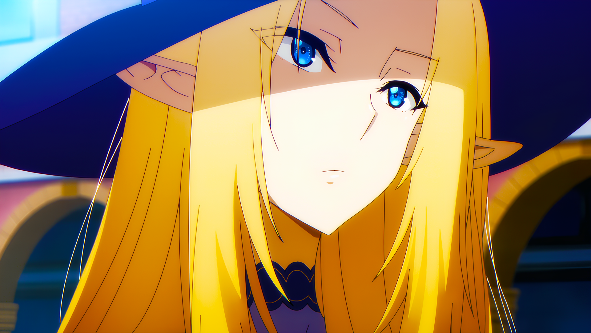 Close-up of a blonde anime character with blue eyes from The Eminence in Shadow, rendered in vibrant 4K Ultra HD for PC desktop wallpaper and background use.