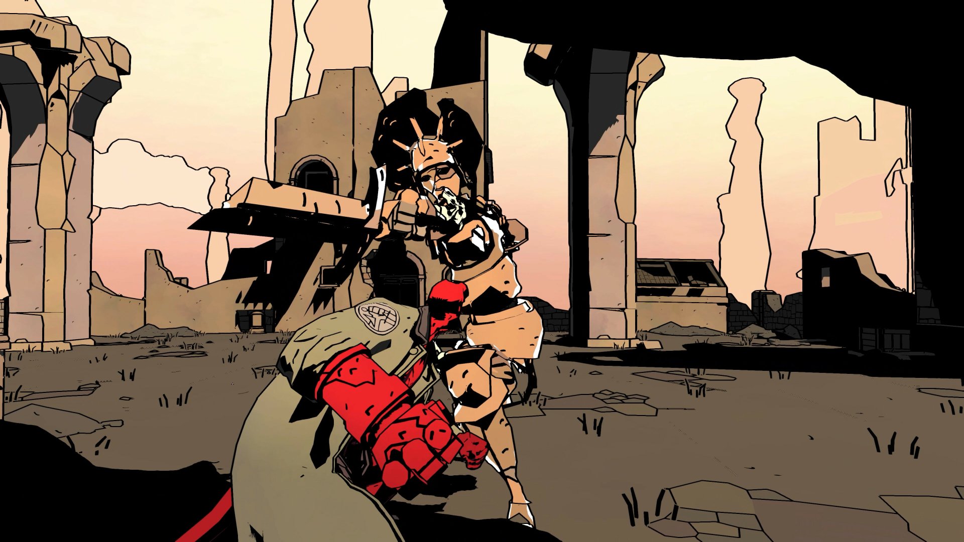 HD desktop wallpaper of Hellboy: Web of Wyrd, featuring Hellboy in a dynamic action pose against a backdrop of desolate ruins.