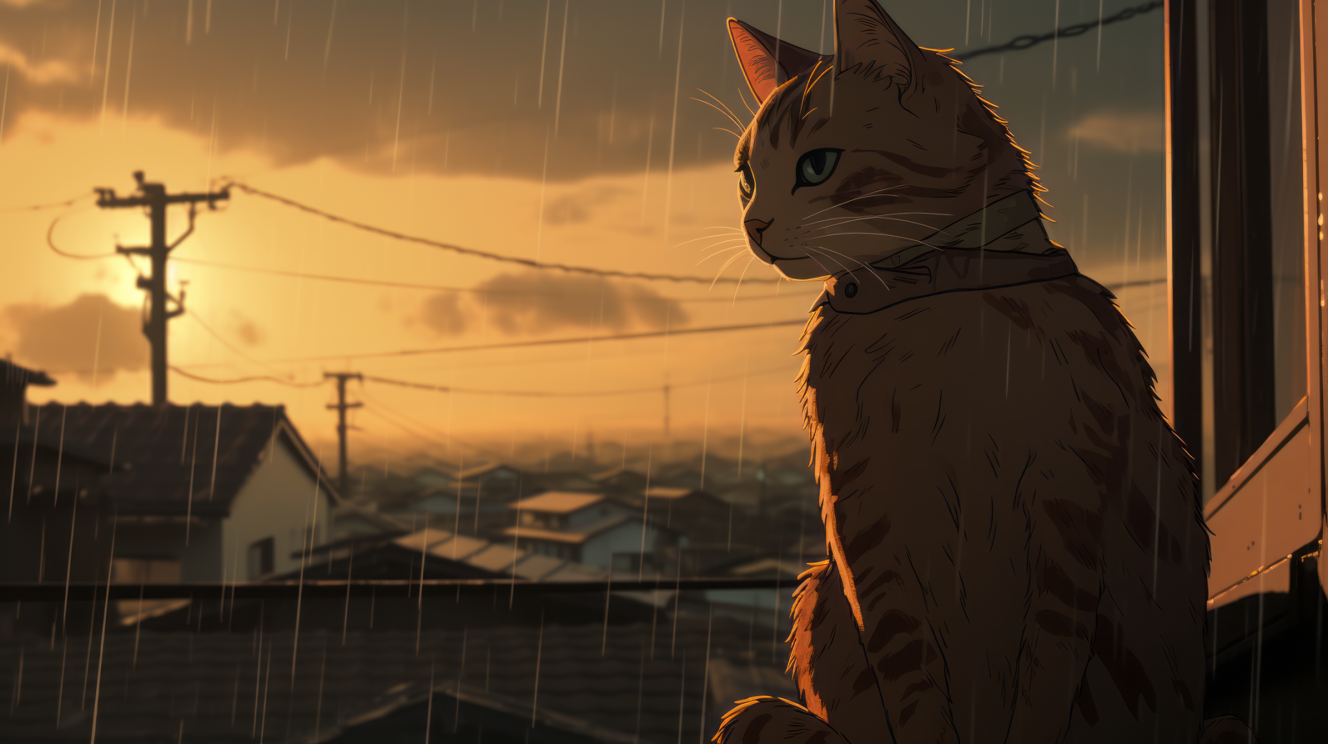 HD desktop wallpaper featuring a cat looking out of a window on a rainy day with a lo-fi aesthetic.