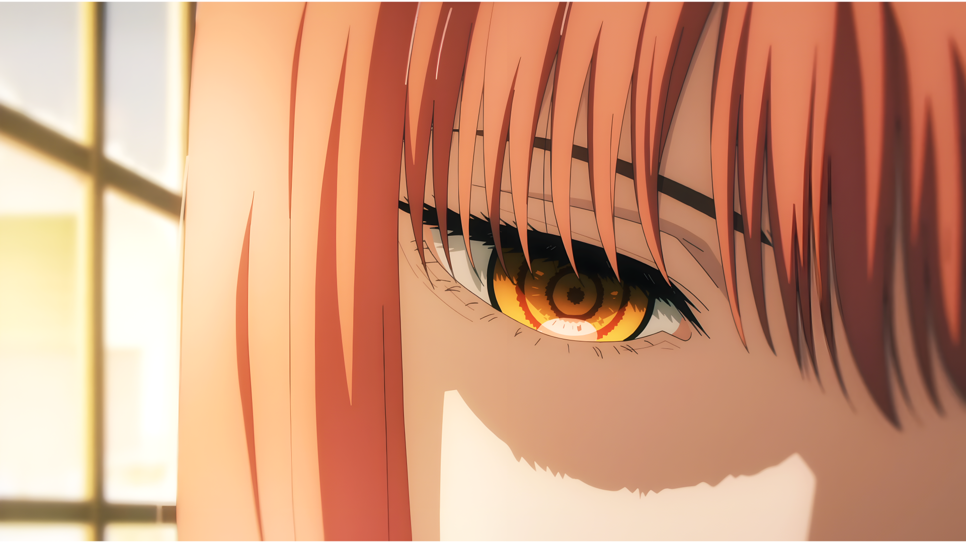 Close-up of Makima from Chainsaw Man anime, showcasing her intense amber eye and pink hair in stunning 8K Ultra HD detail for PC desktop wallpaper.
